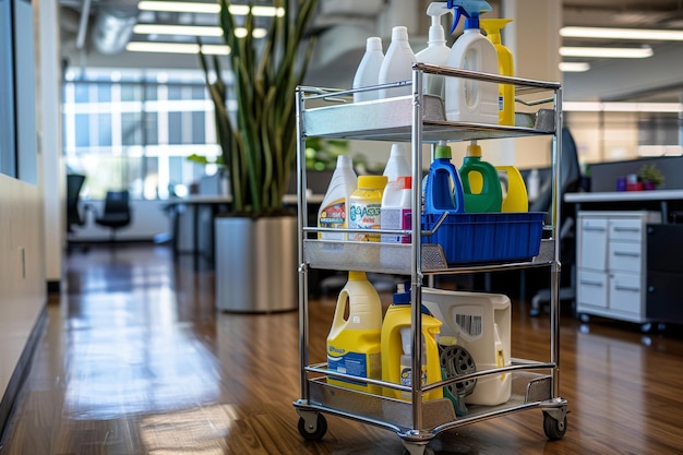 Photo professional janitorial cart with cleaning supplies in corporate office environment