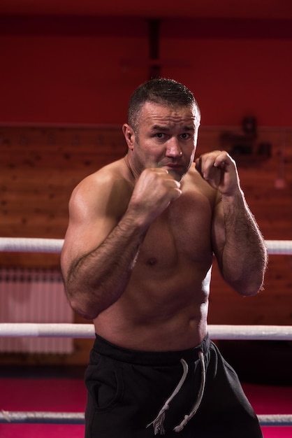 professional kickboxer with hands in martial arts position training for the fight in the training ring