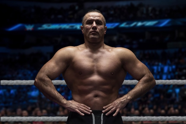 professional kickboxer with hands in martial arts position training for the fight in the training ring