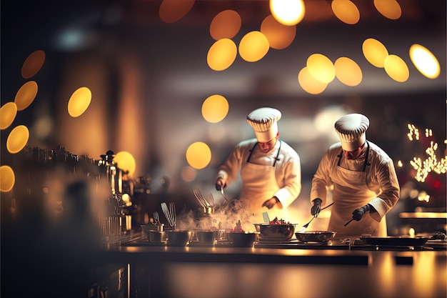 Professional kitchen with chefs cooking restaurant kitchen with beautiful lights and delicious food