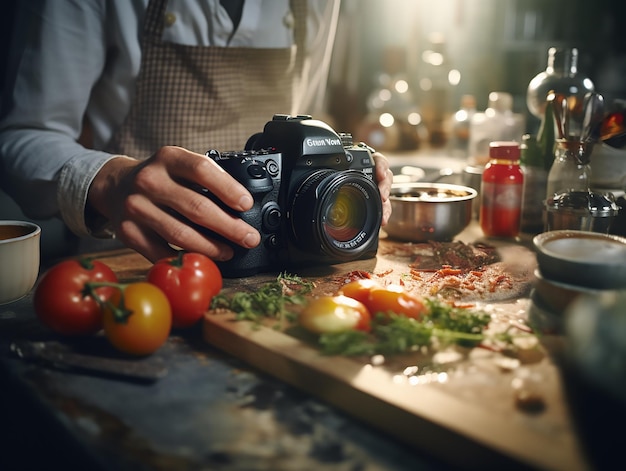 Photo professional in the kitchen with human finger