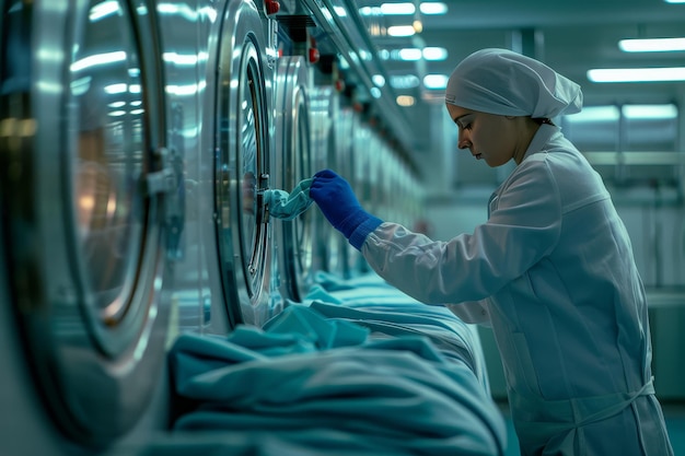 Professional laundry worker inspecting garments after dry cleaning process in a modern facility