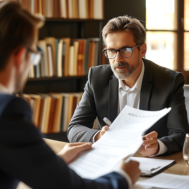 Photo professional lawyer advising client on important contract