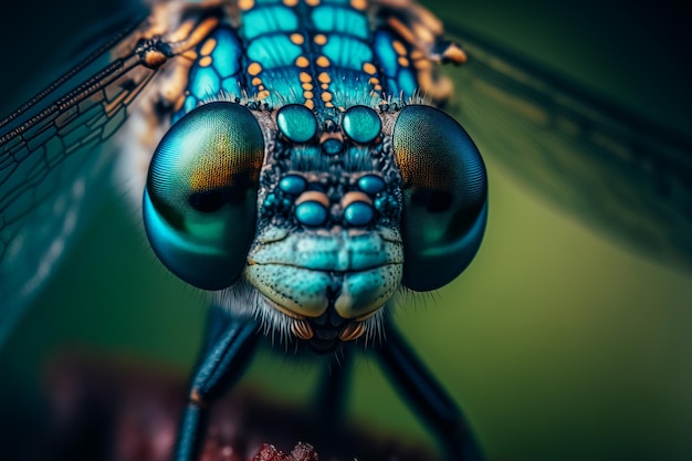 A professional macro photograph of a blue dragonfly's face