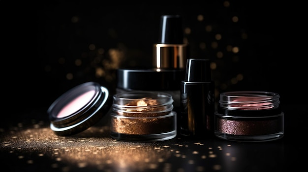 Professional makeup products with black backdrop Luxury beauty industry accessories Generation ai