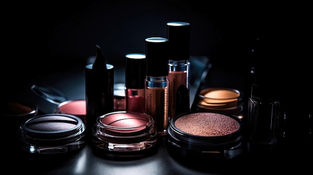 Professional makeup products with black backdrop Luxury beauty industry accessories Generation ai