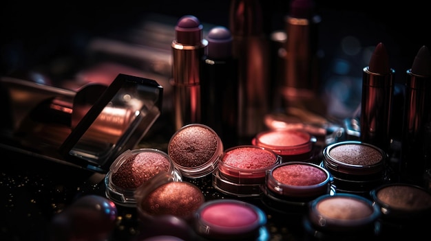 Professional makeup products with black backdrop Luxury beauty industry accessories Generation ai