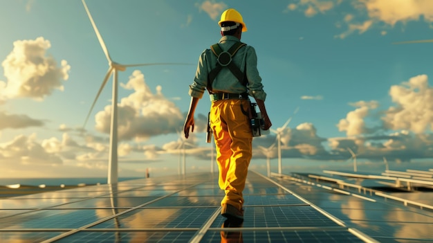 Professional Male Green Energy Engineer Walking On Industrial Solar Panel Wearing Safety Belt And Hard Hat