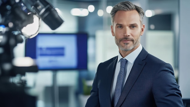 Professional male news anchor in a modern studio setting with advanced equipment and blurred background embodying confidence and authority in broadcasting