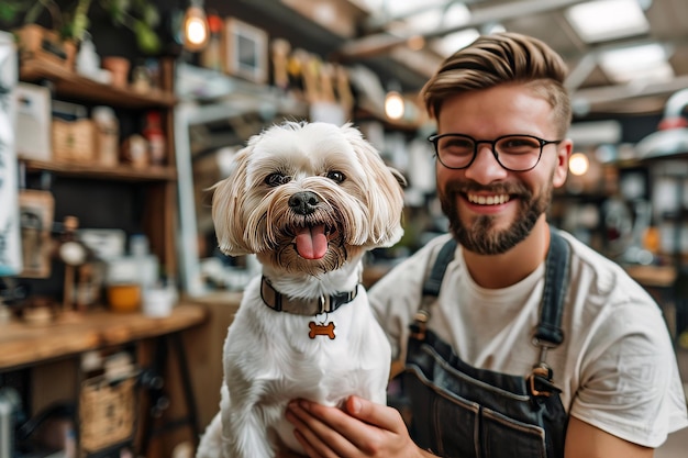 Photo professional male pet groomer smiling at camera with adorable dog in a modern grooming salon