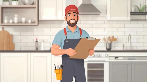 Photo professional male plumber with clipboard near kitchen sink repair