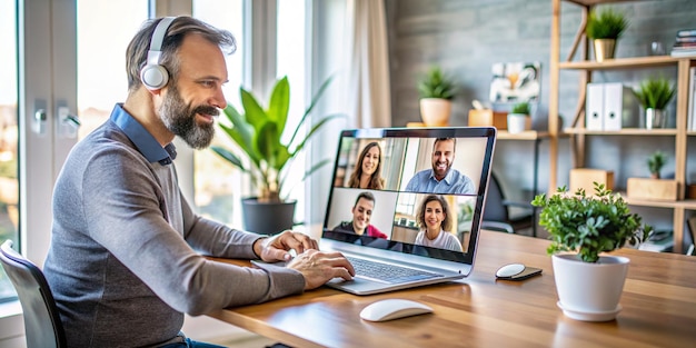 Photo professional male working from home on video conference call transparent screen