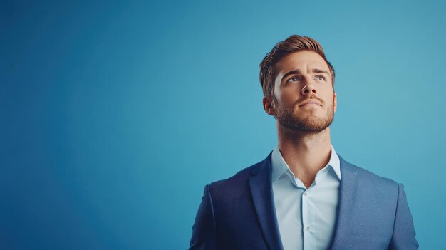 Photo professional man attire looking confidently towards bright blue background in studio setting