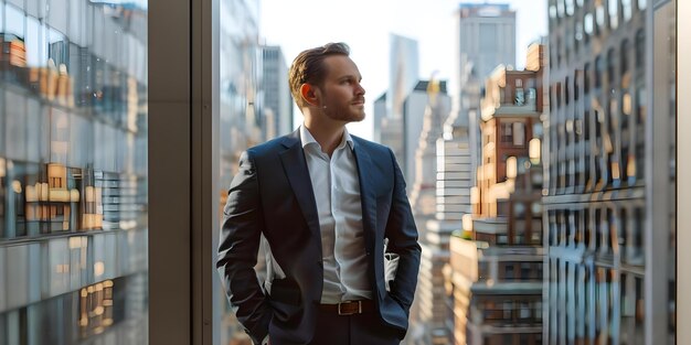 Photo professional man gazes out window at bustling city embodying ambition and determination concept portrait photography city life ambitious professional determination urban environment