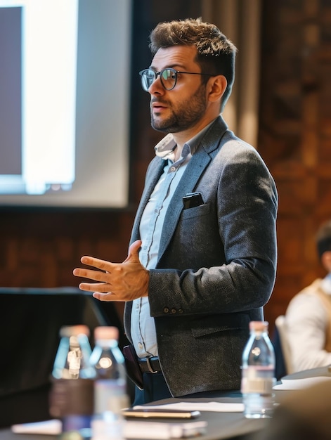 A professional man giving a presentation at a business seminar illustrating expertise and knowledge in a specific industry