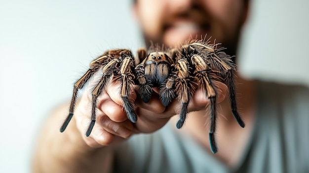 Photo professional man holding striped knee tarantula on white background