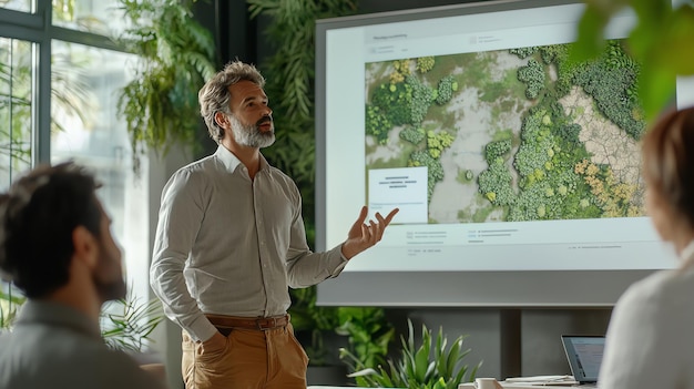 Photo a professional man presents a map in a modern office engaging an attentive audience during a business meeting