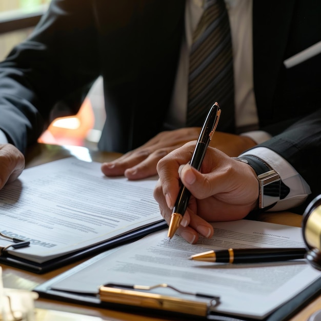 A professional man sits at a desk covered with documents and files deeply focused on his work The im