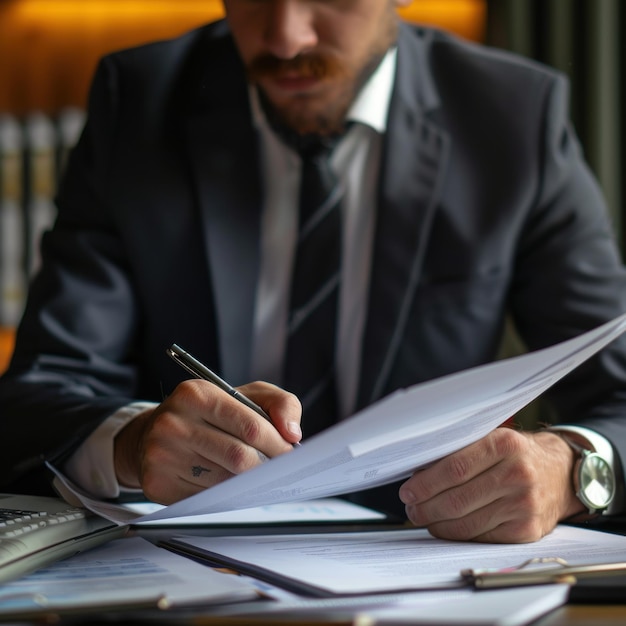 A professional man sits at a desk covered with documents and files deeply focused on his work The im