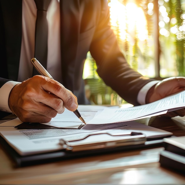 A professional man sits at a desk covered with documents and files deeply focused on his work The im