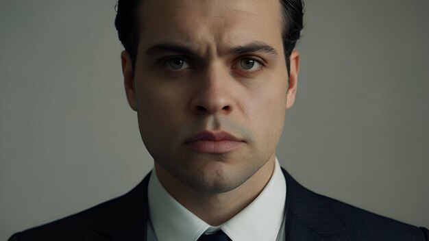 Photo professional man in suit looks pensive during meeting at office