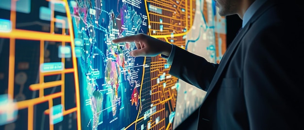 A professional man in a suit points to a complex world map on a large digital screen discussing global data and analytics