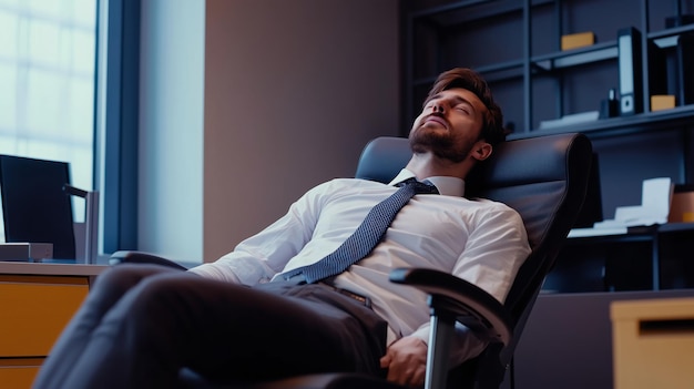 Photo professional man in a suit rests in an office chair with a relaxed expression during a busy workday in a modern corporate environment