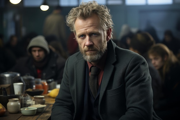 Professional man in suit with an inquisitive look surrounded by diverse group in bustling event