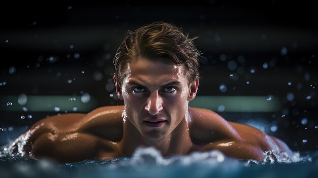 Professional man swimmer inside swimming pool Underwater panora