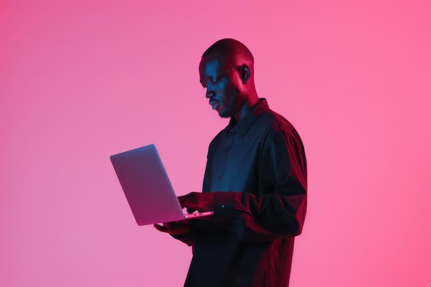 Professional Man Using Laptop in Modern Pink Gradient Background for Tech and Business