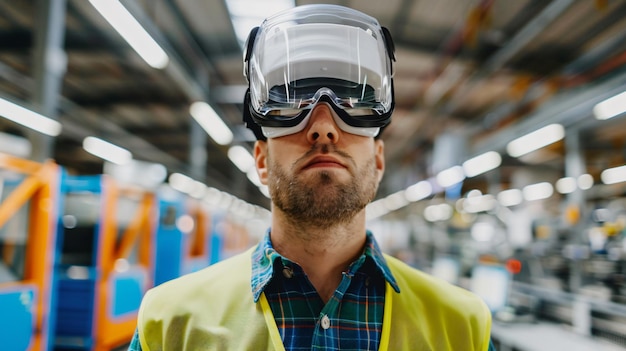 Photo professional man wearing safety goggles in factory holding product