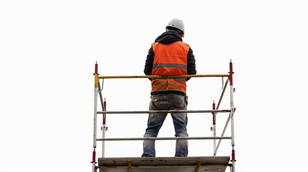 Photo professional man wearing safety vest on scaffolding at construction site