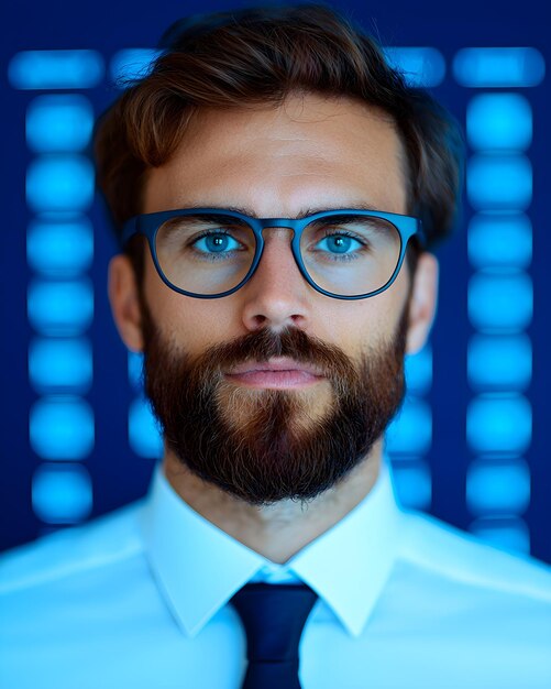 Professional man with glasses against a blue digital backdrop