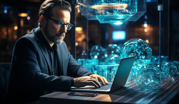 Professional man working on laptop digital future concept AI generated