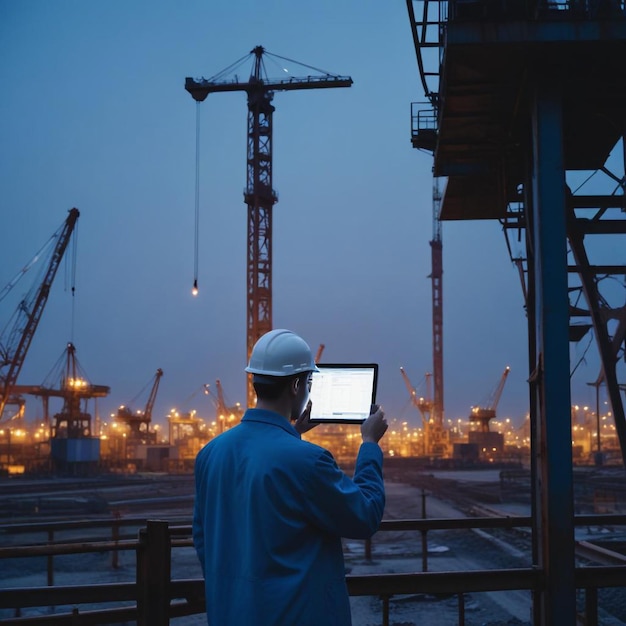 Photo professional man working on a laptop in front of a large industrial plant balancing modern tech