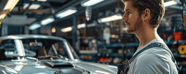 Professional Mechanic Conducts Thorough Inspection of Classic Car in WellEquipped Shop Automotive