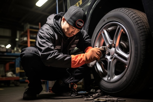 Professional mechanic fixing a punctured tire on a car wheel at the auto repair shop