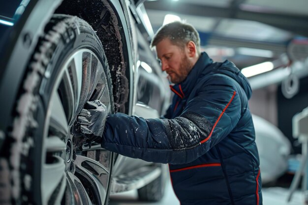 Photo professional mechanic inspecting car wheel and tire in auto repair workshop for maintenance