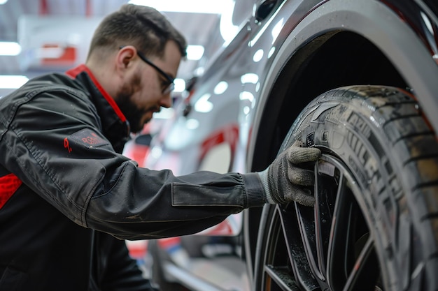 Photo professional mechanic inspecting car wheel and tire in auto repair workshop for maintenance