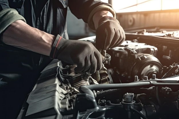 Professional mechanic working in auto repair shop Car service and maintenance concept