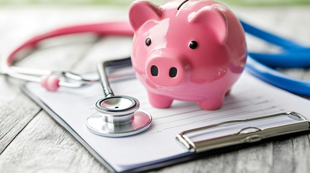 Professional Medical Equipment with Piggy Bank on White Background