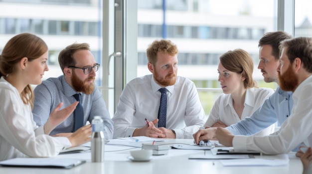 professional meeting individuals around a conference table in a bright office space actively engaged in a discussion