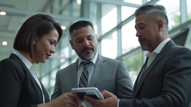 professional meeting in progress with a focused man in a dark suit gesturing during a discussion with colleagues or clients