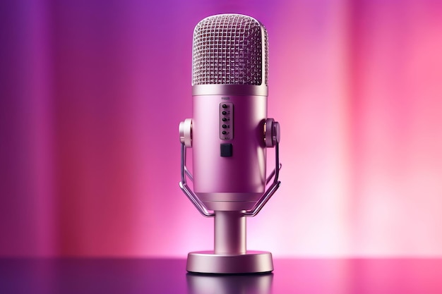 Professional microphone with pink purple background banner Podcast or recording studioAI Generated