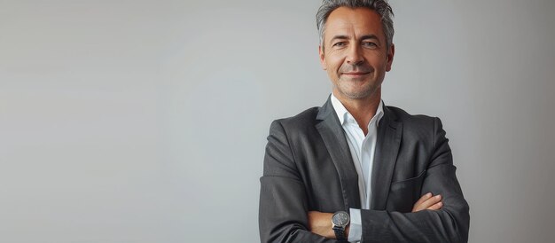 Professional middleaged businessman in a suit confidently smiling with arms crossed standing against a neutral background