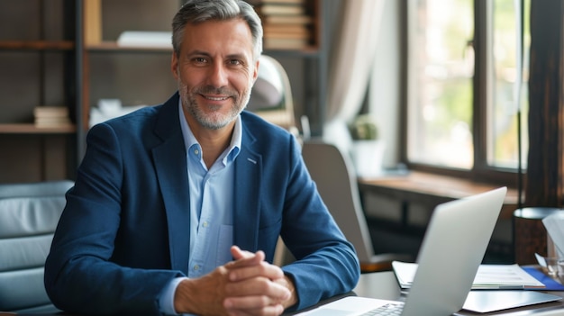 Photo professional middleaged man sitting at a desk with a laptop