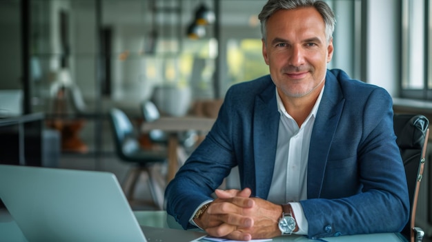 Photo professional middleaged man sitting at a desk with a laptop