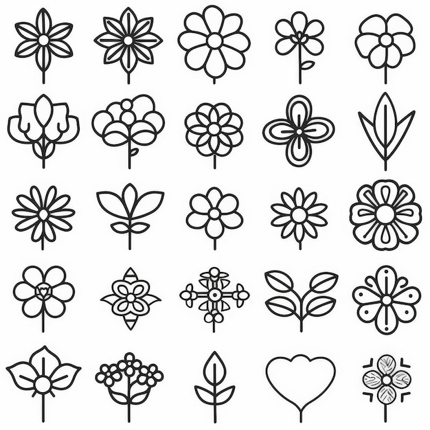 Photo professional and minimalist icons flower set line art flat 2d black and white white background stylize 50