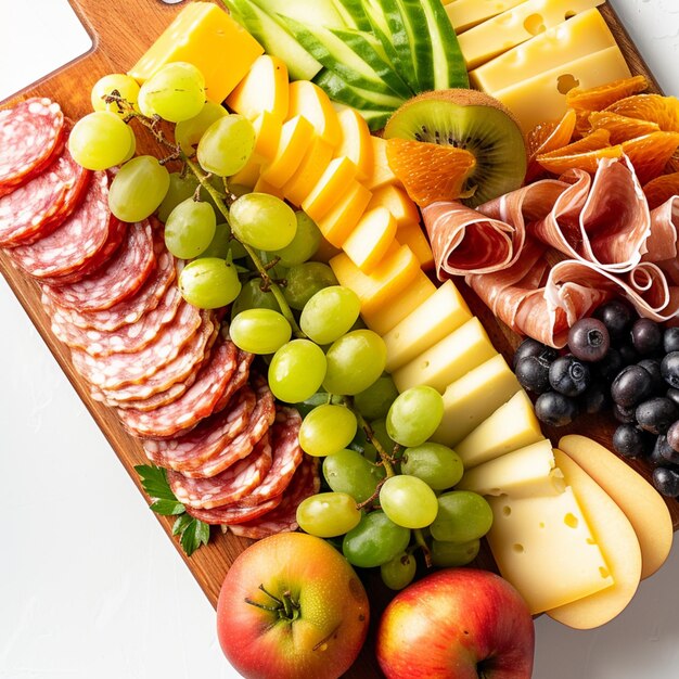 Photo professional mockup showcasing a charcuterie board with sliced fruits and cheeses