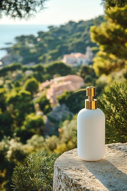 Photo professional mockup of white bottle with gold pump dispenser ideal for skincare branding